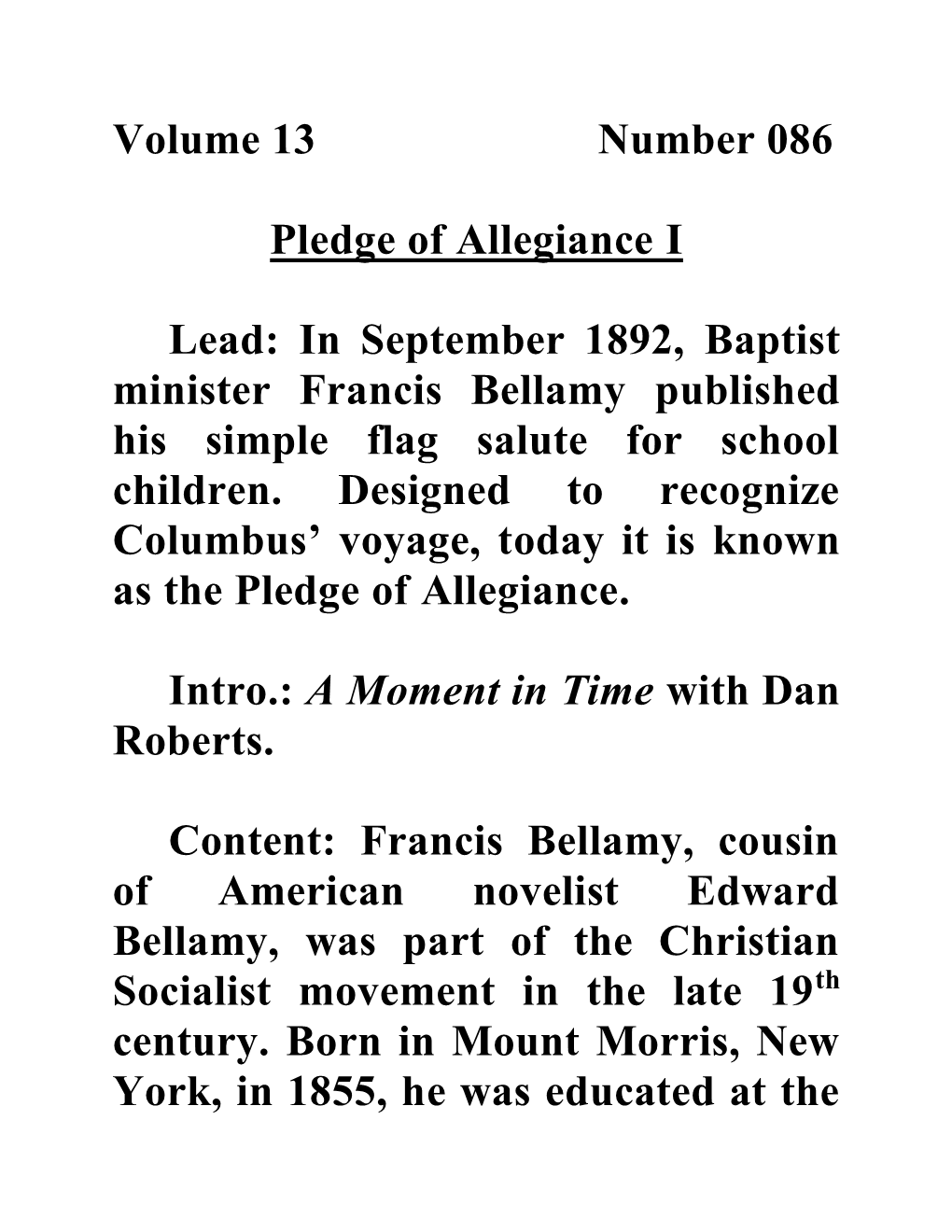 Volume 13 Number 086 Pledge of Allegiance I Lead: in September