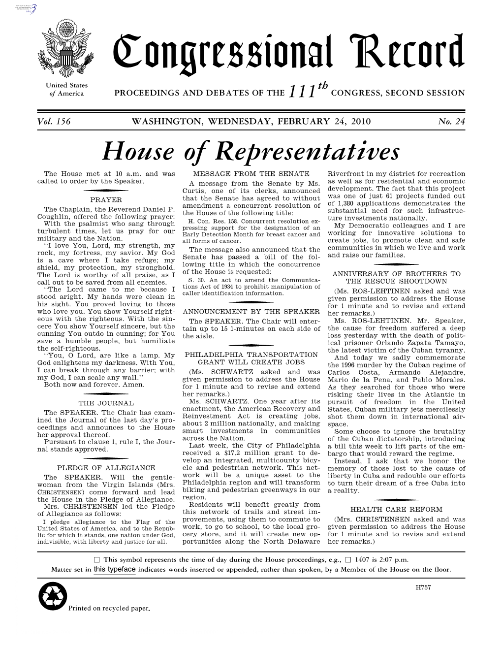 Congressional Record United States Th of America PROCEEDINGS and DEBATES of the 111 CONGRESS, SECOND SESSION