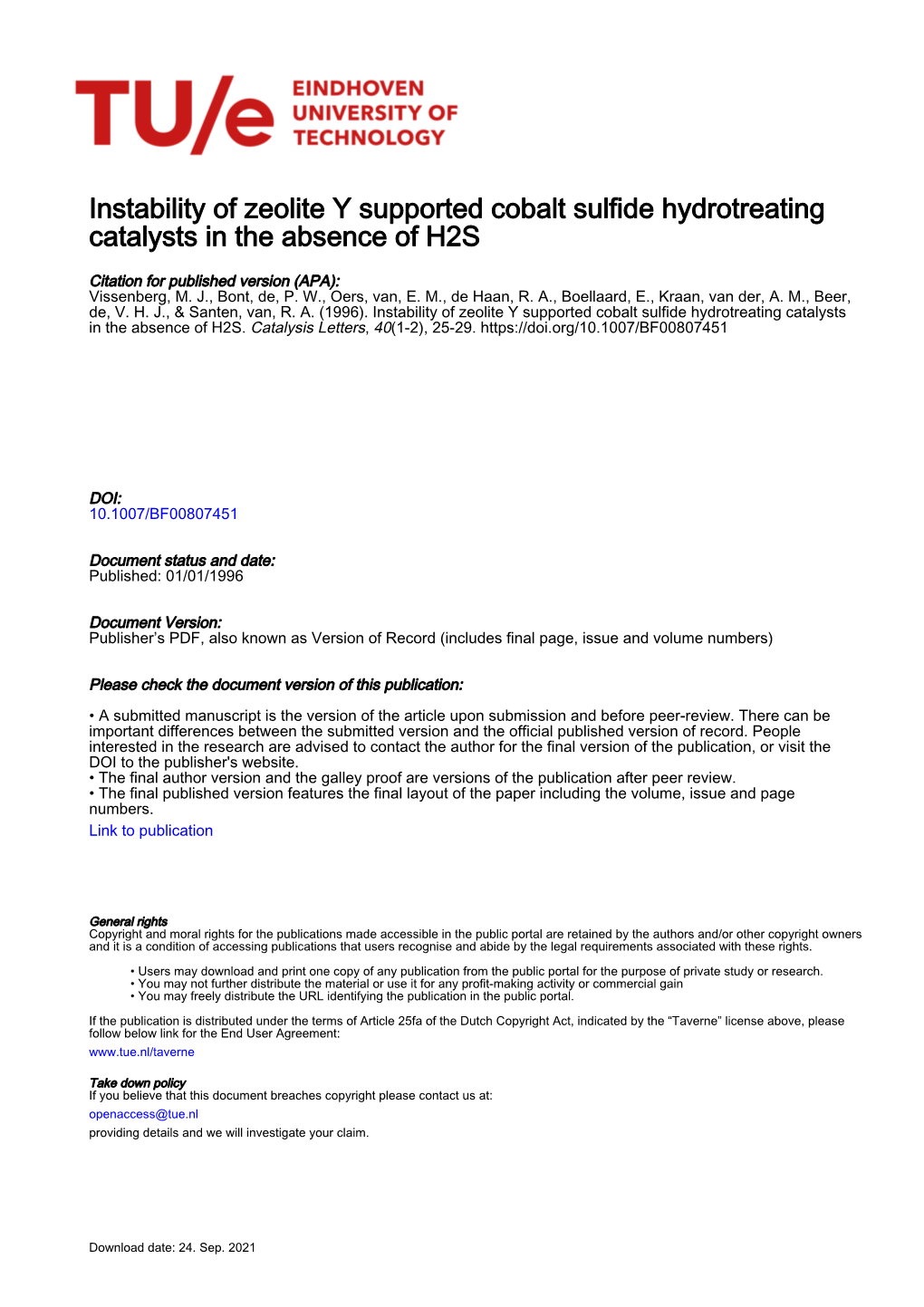 Instability of Zeolite Y Supported Cobalt Sulfide Hydrotreating Catalysts in the Absence of H2S