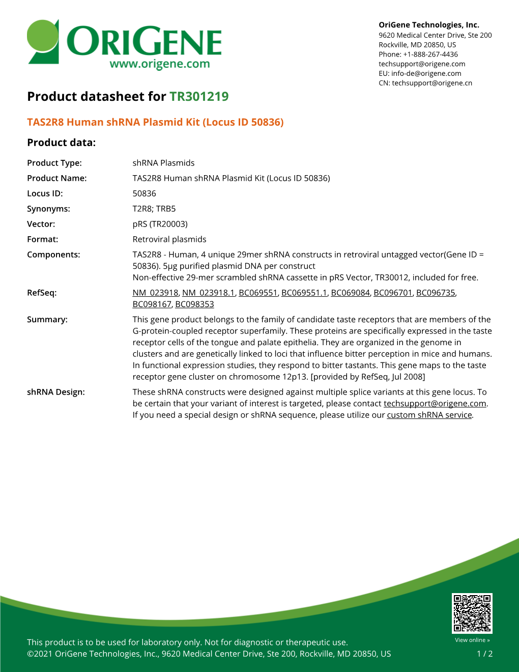 TAS2R8 Human Shrna Plasmid Kit (Locus ID 50836) Product Data