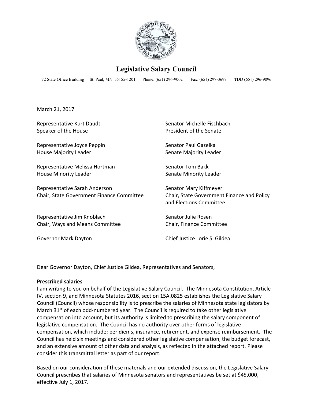 Report of the Legislative Salary Council 03-21-2017