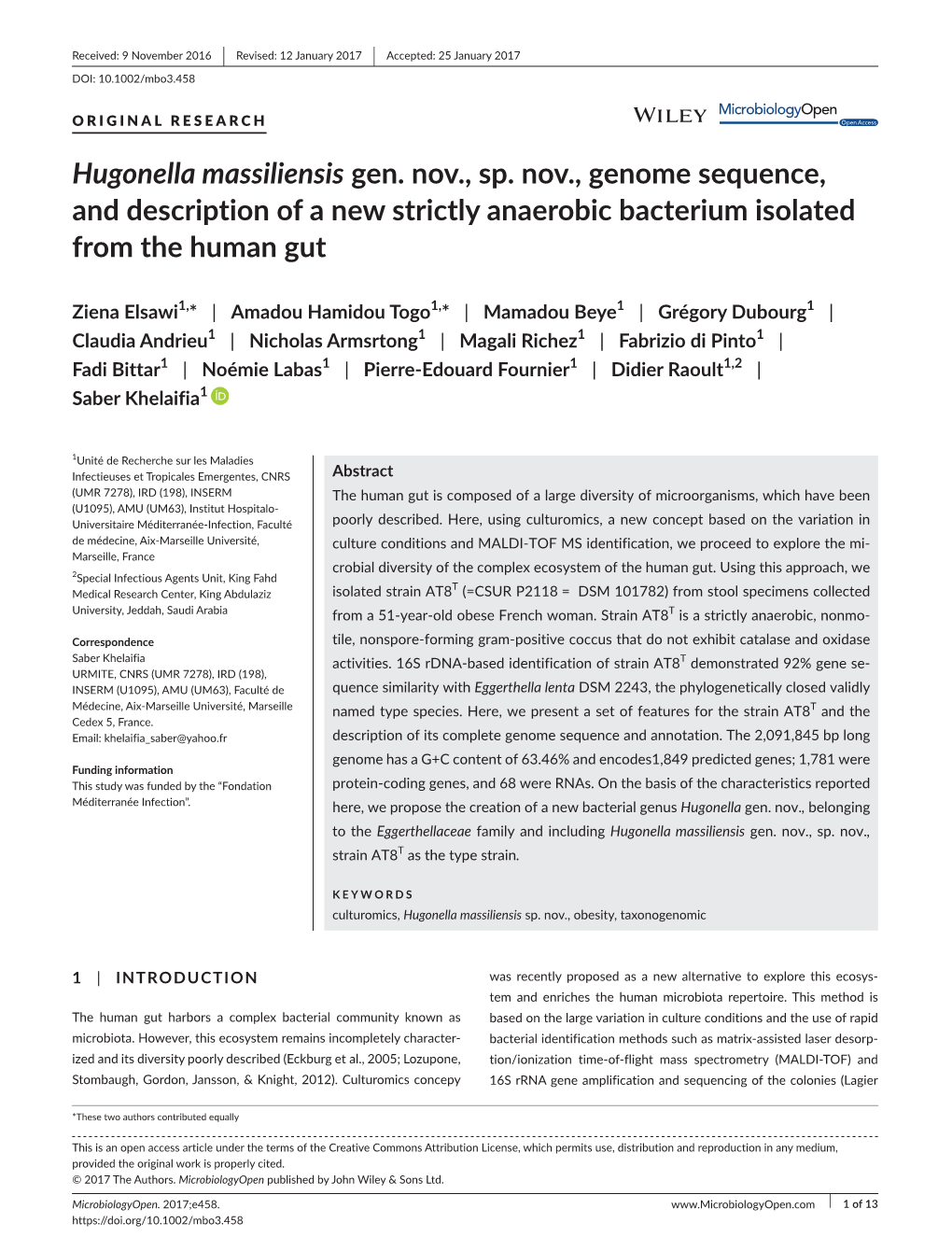 Hugonella Massiliensis Gen. Nov., Sp. Nov., Genome Sequence, and Description of a New Strictly Anaerobic Bacterium Isolated from the Human Gut