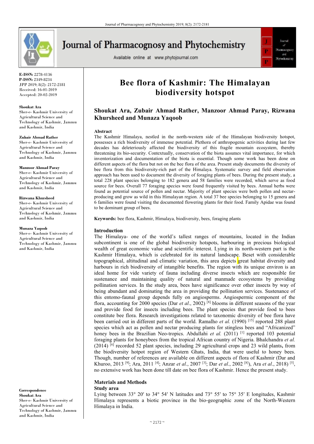 Bee Flora of Kashmir: the Himalayan Received: 16-01-2019 Accepted: 20-02-2019 Biodiversity Hotspot