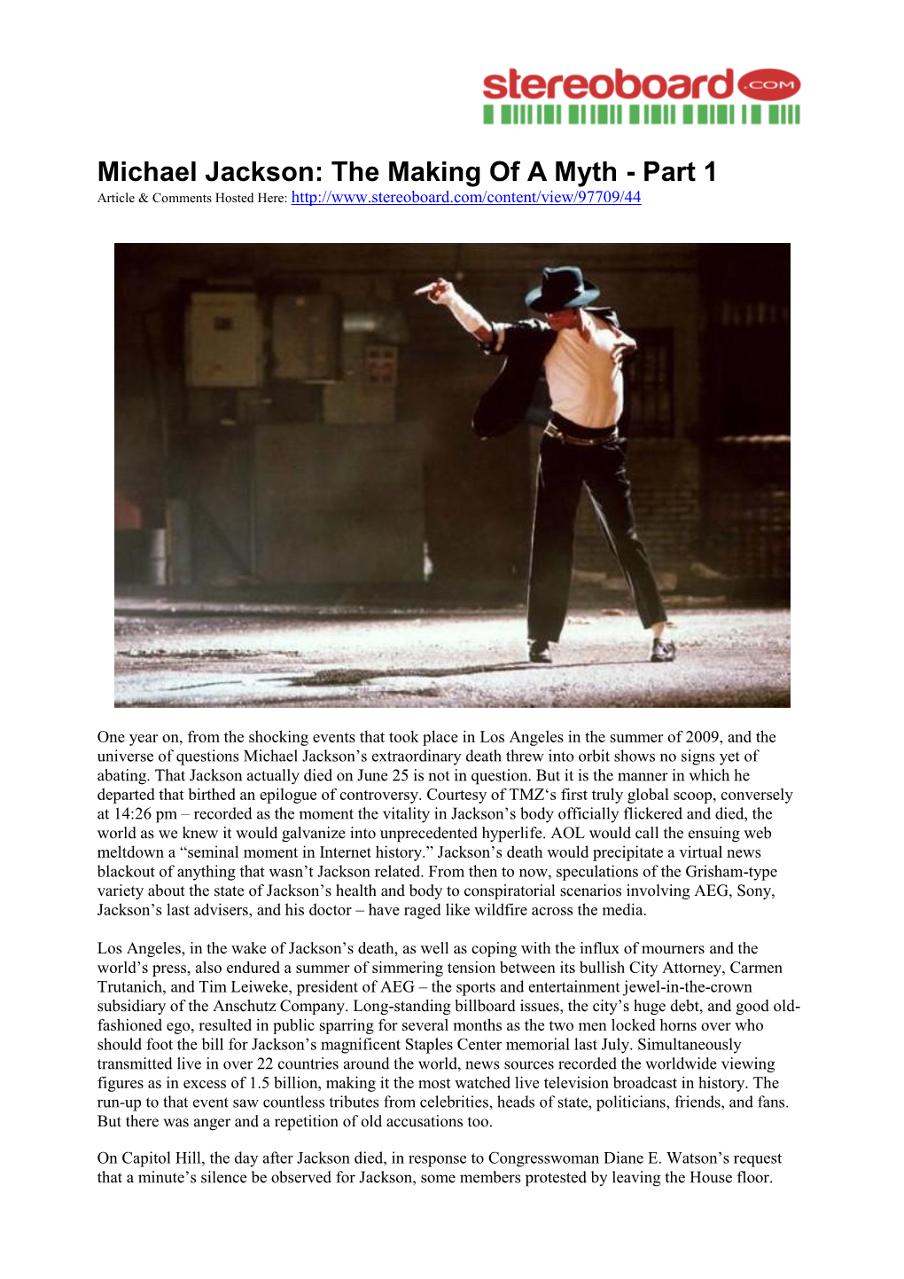 Michael Jackson: the Making of a Myth - Part 1 Article & Comments Hosted Here