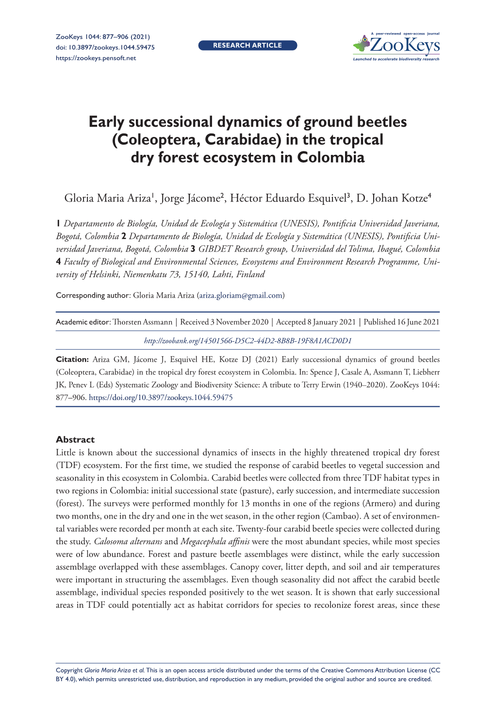 Coleoptera, Carabidae) in the Tropical Dry Forest Ecosystem in Colombia