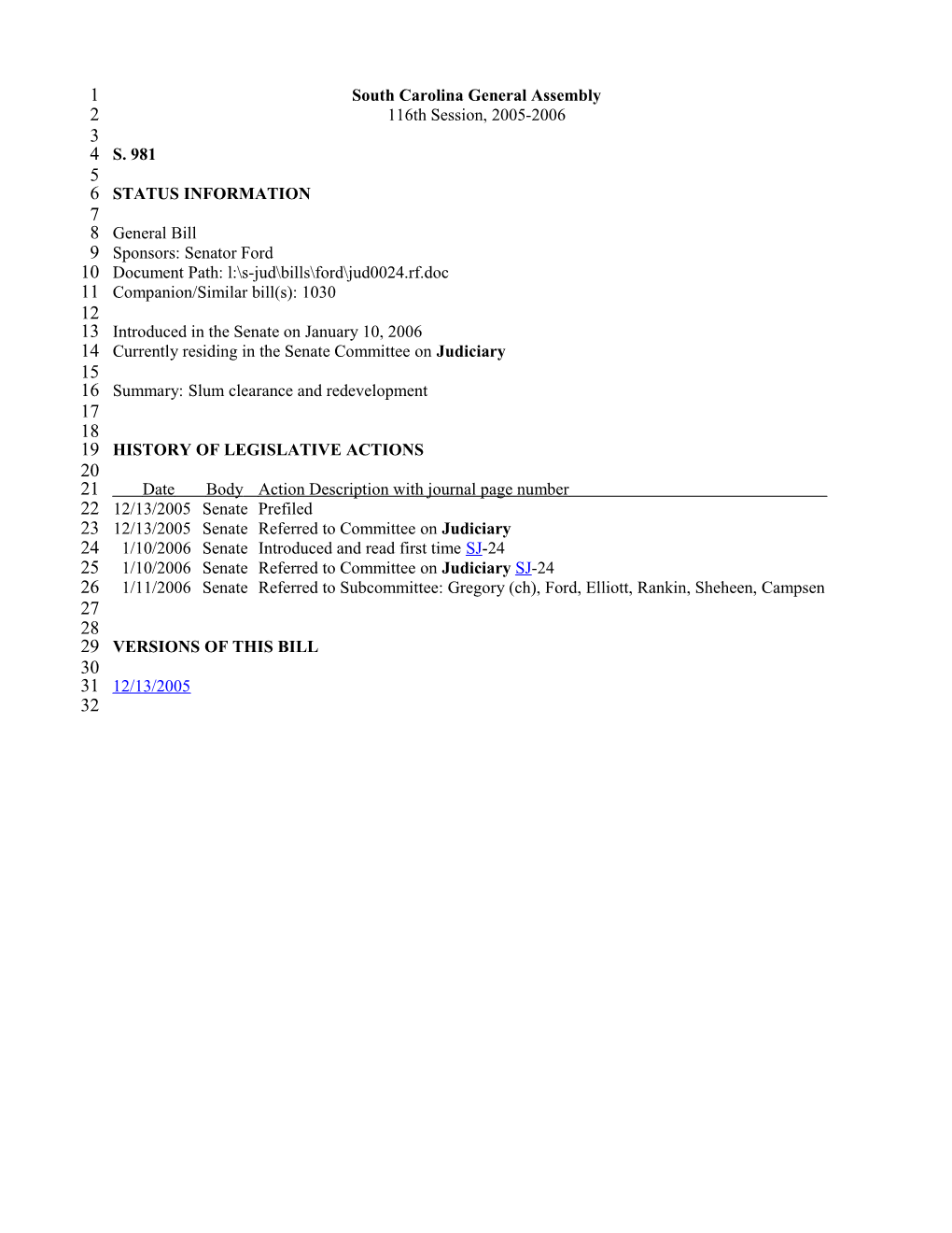 2005-2006 Bill 981: Slum Clearance and Redevelopment - South Carolina Legislature Online