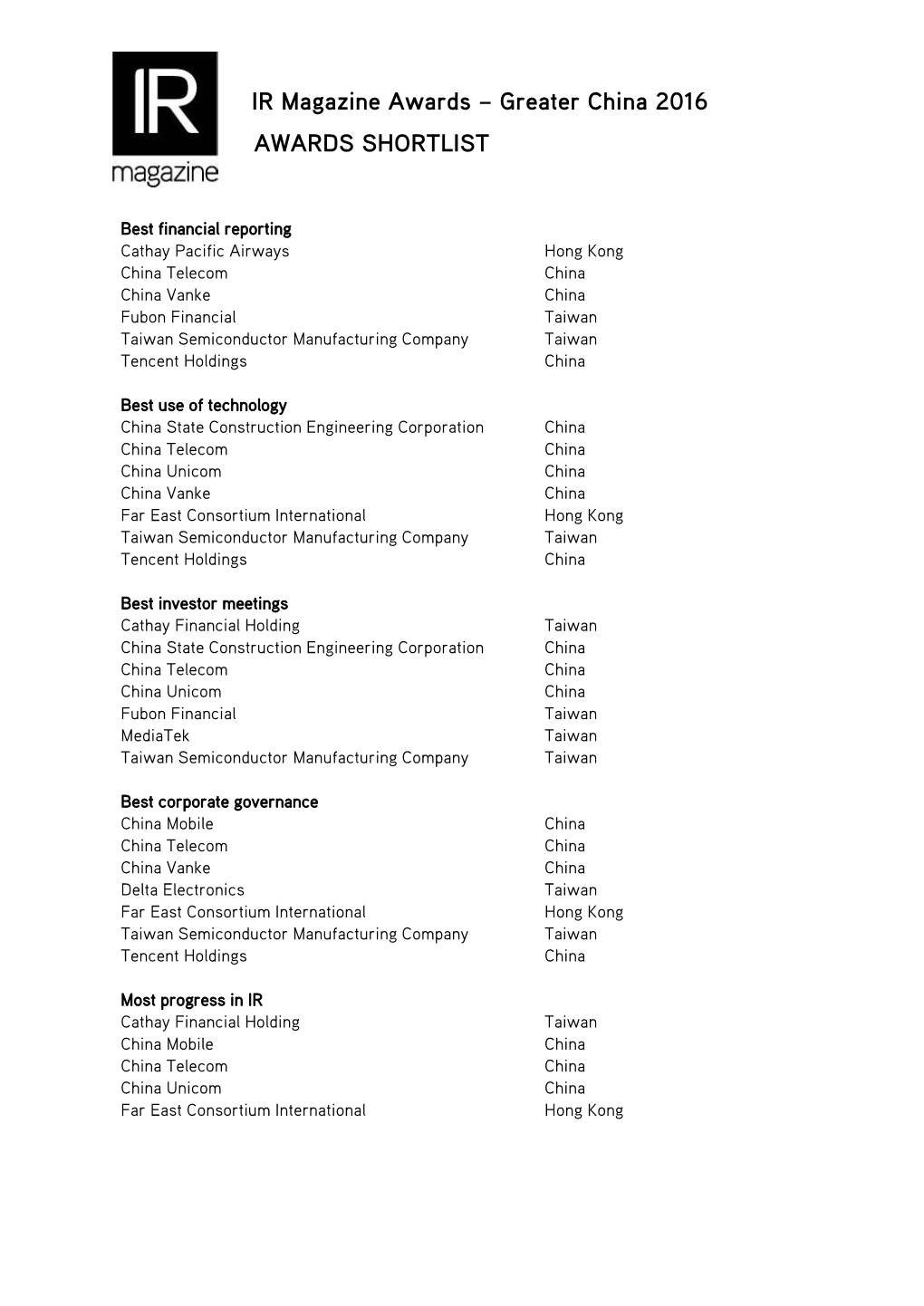 AWARDS SHORTLIST IR Magazine Awards – Greater China 2016