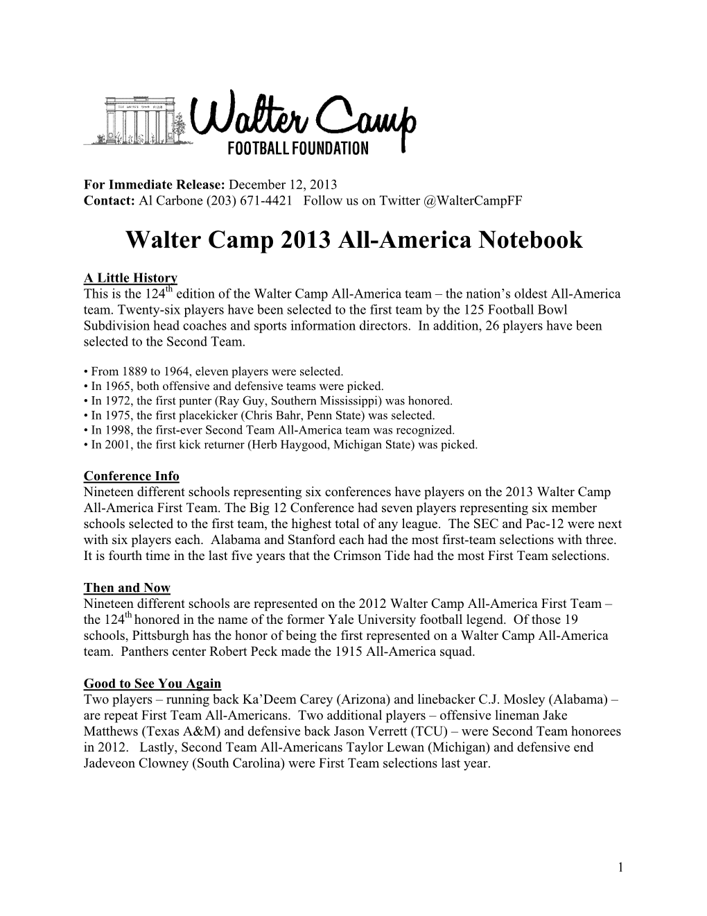 Walter Camp 2013 All-America Notebook
