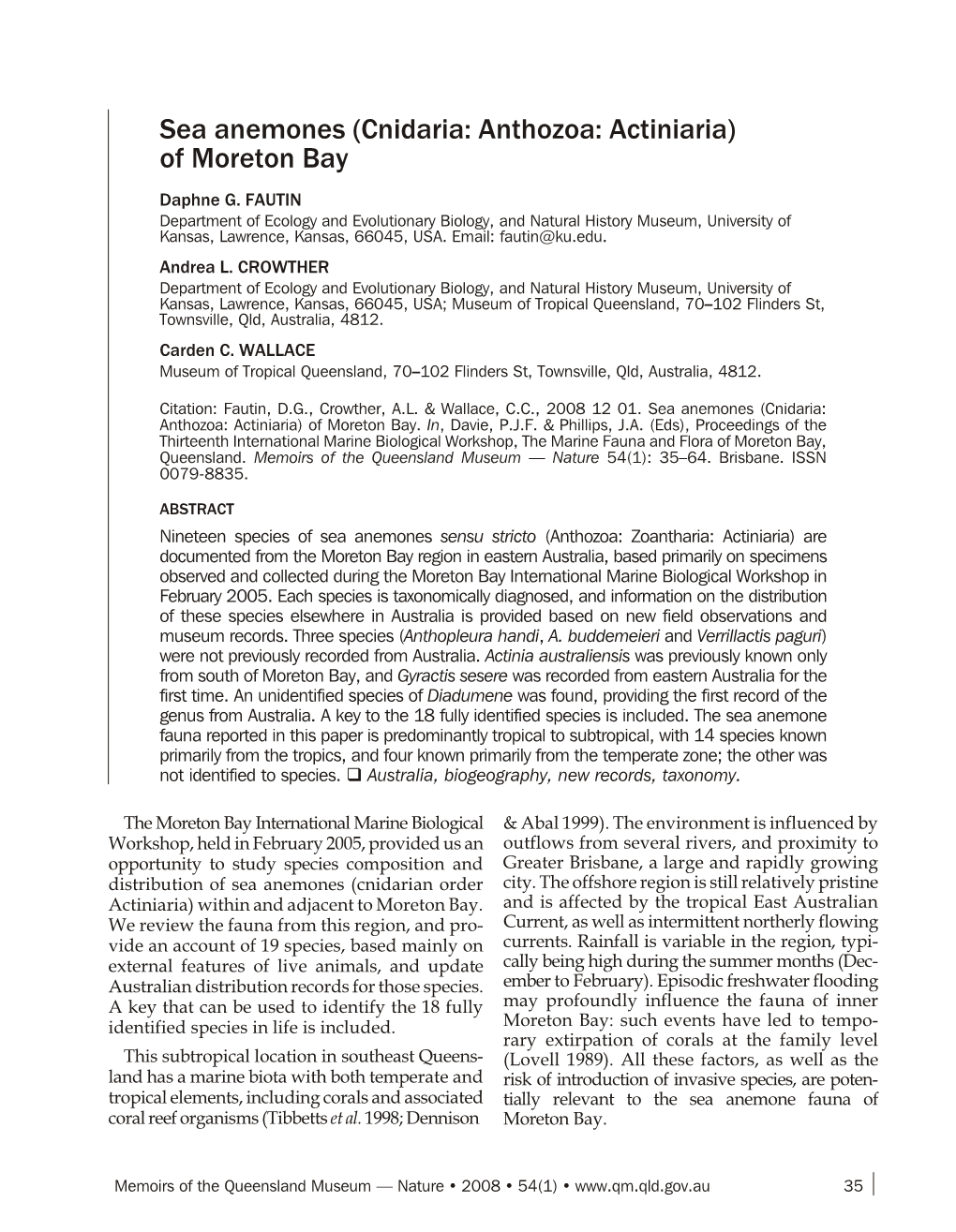 Sea Anemones (Cnidaria: Anthozoa: Actiniaria) of Moreton Bay Daphne G