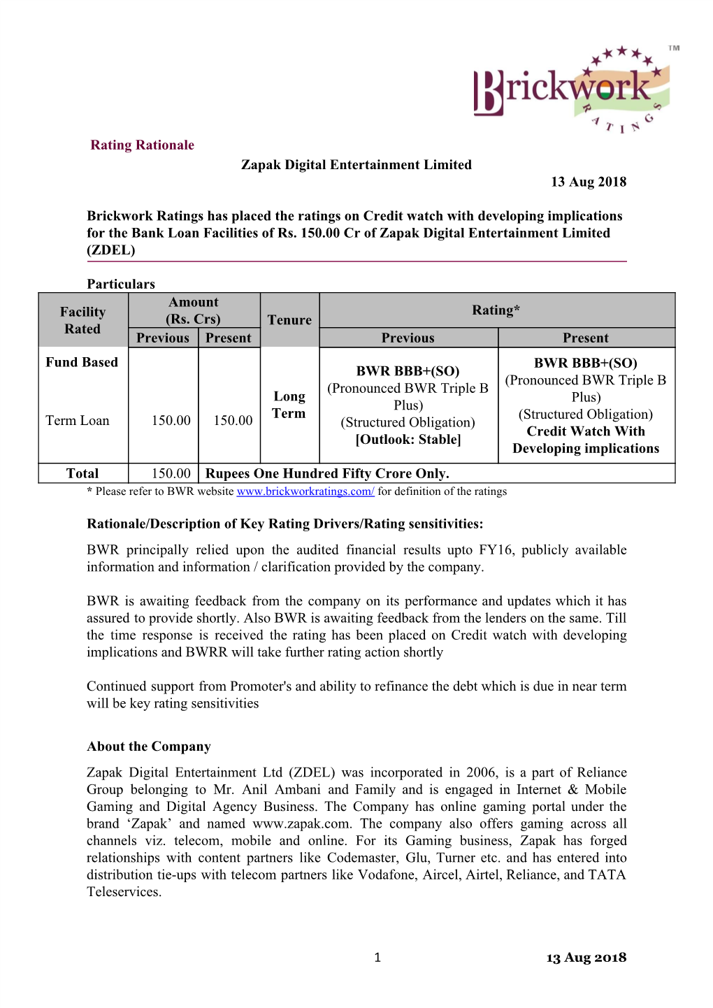 Rating Rationale Zapak Digital Entertainment Limited 13 Aug 2018