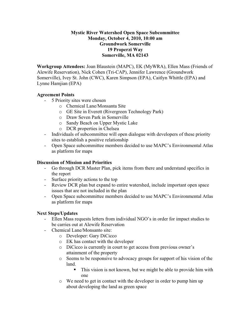 October 4, 2010 | Meeting Notes | Mystic River Watershed Open Space Subcommittee