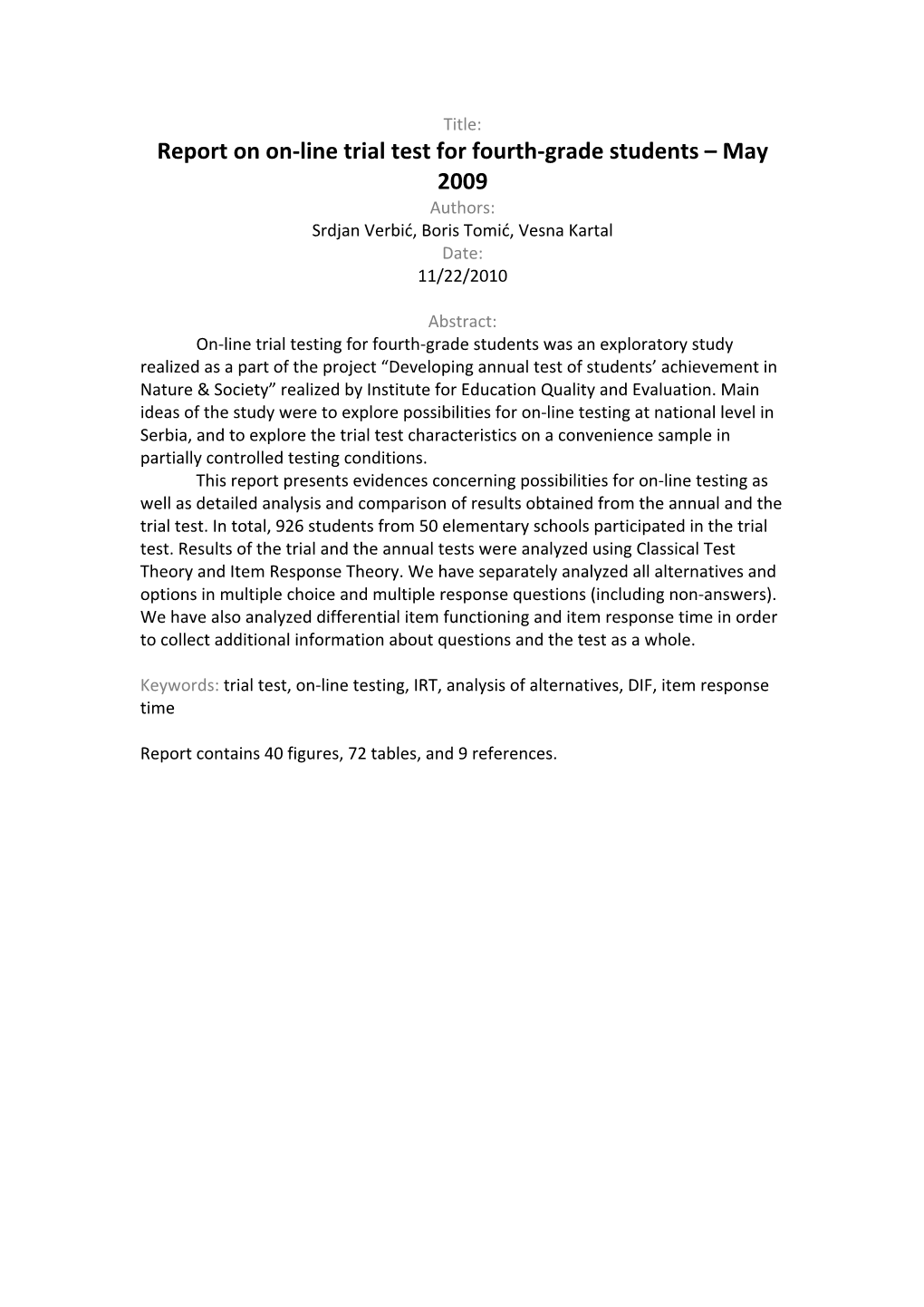 Report on On-Line Trial Test for Fourth-Grade Students – May 2009