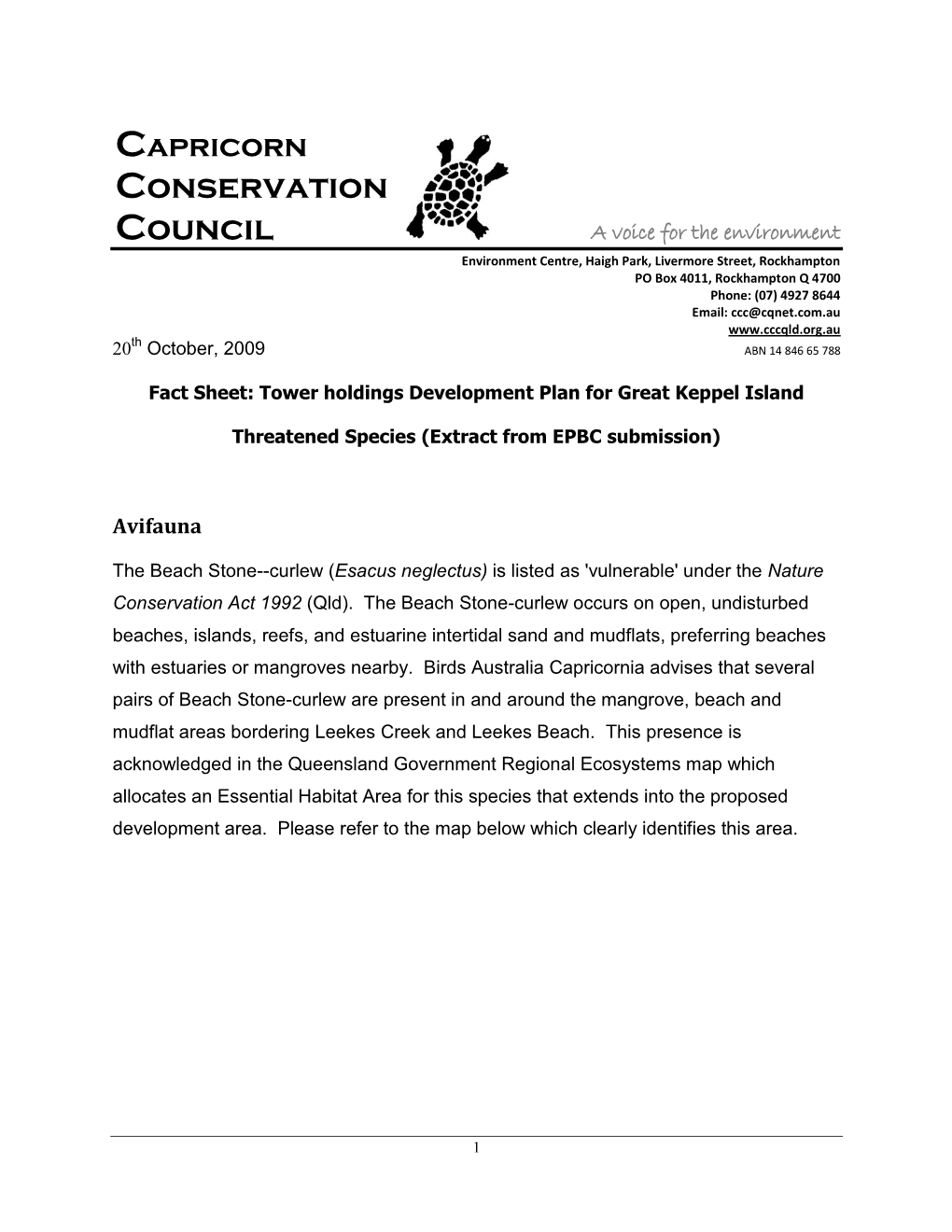 Threatened Species (Extract from EPBC Submission)