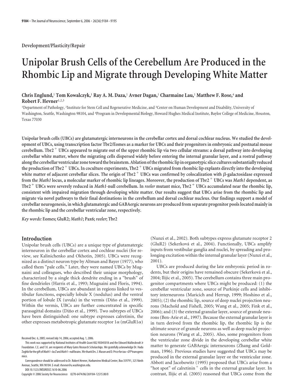 Unipolar Brush Cells of the Cerebellum Are Produced in the Rhombic Lip and Migrate Through Developing White Matter