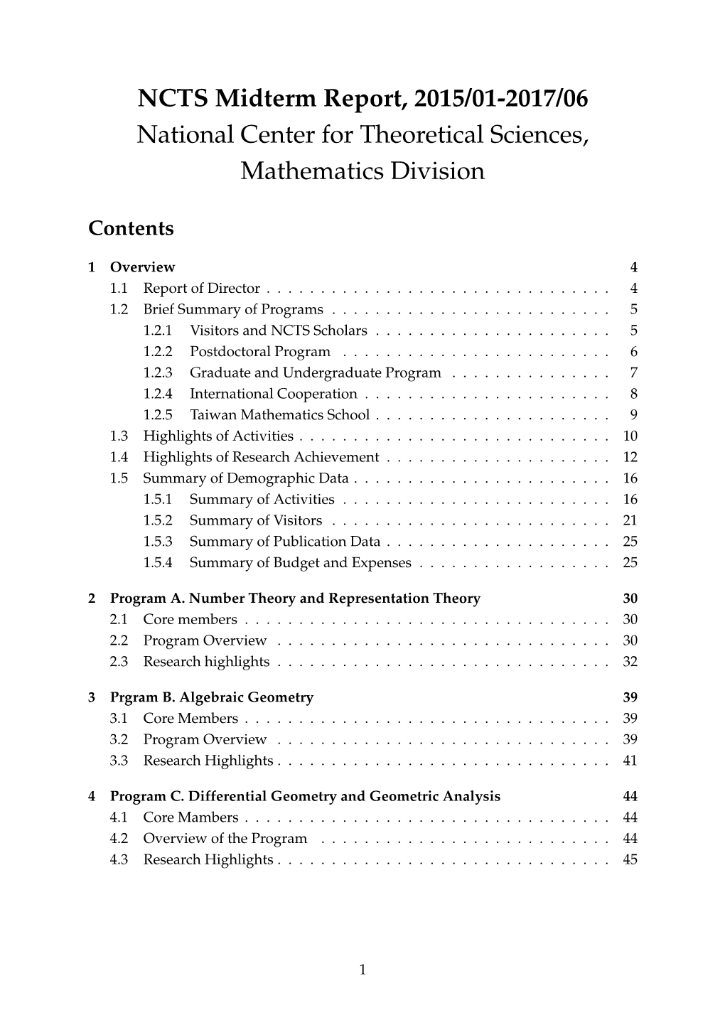 NCTS Midterm Report, 2015/01-2017/06 National Center for Theoretical Sciences, Mathematics Division