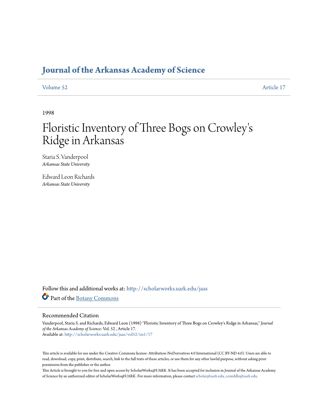 Floristic Inventory of Three Bogs on Crowley's Ridge in Arkansas Staria S