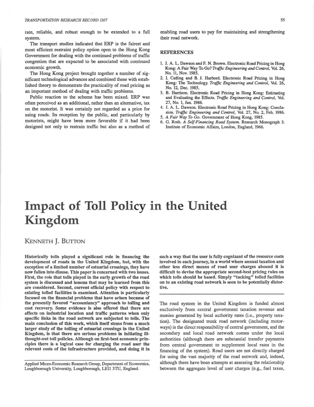 Impact of Toll Policy in the United Kingdom
