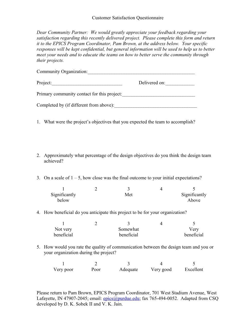 Customer Satisfaction Questionnaire