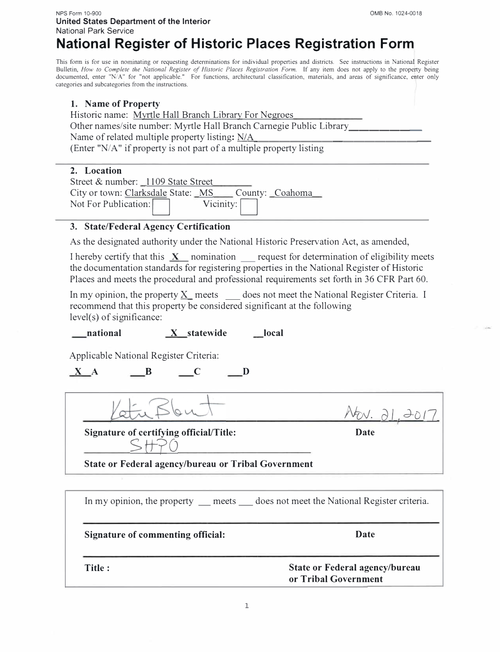 National Register of Historic Places Registration Form This Form Is for Use in Nominating Or Requesting Detenninations for Individual Properties and Districts