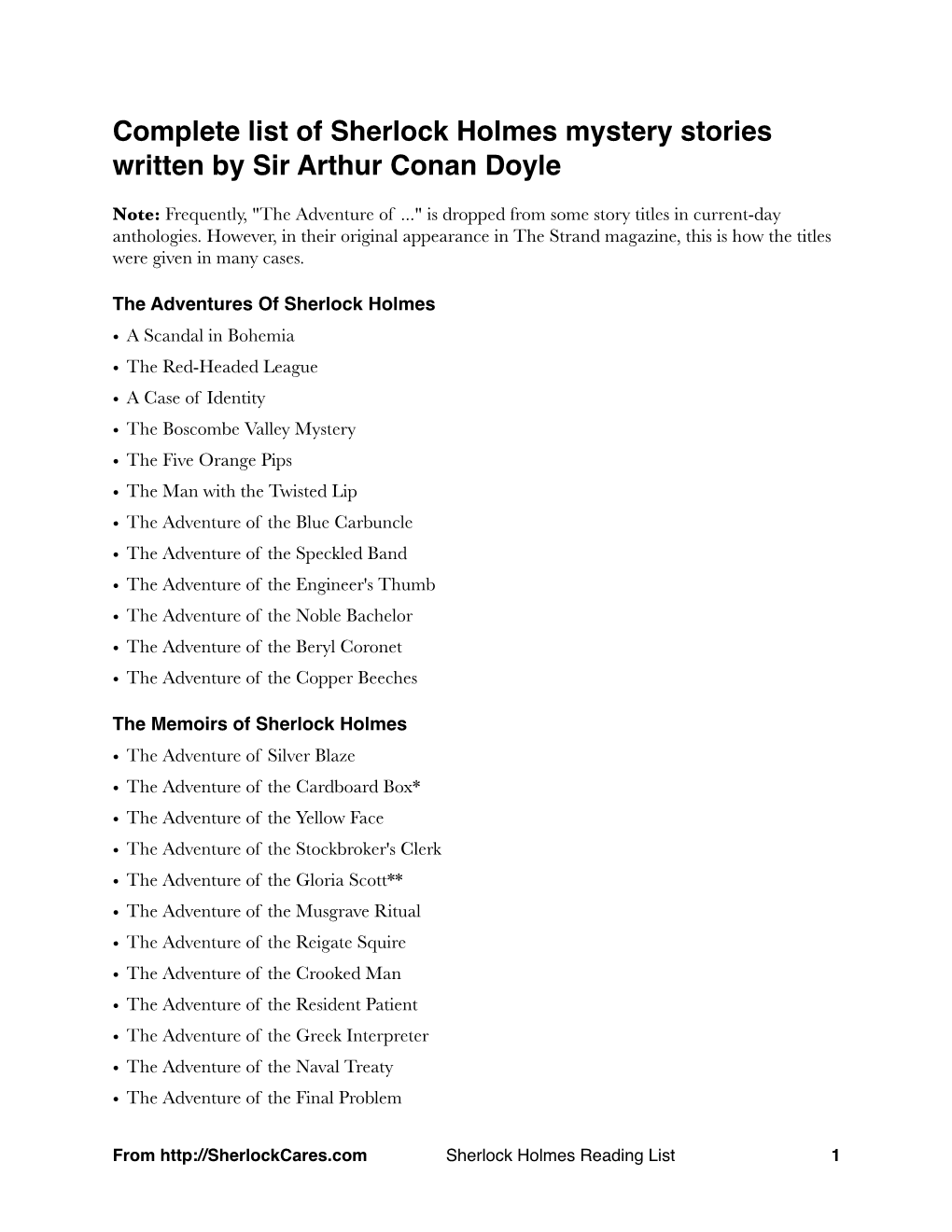 Complete List of Sherlock Holmes Mystery Stories Written by Sir Arthur Conan Doyle