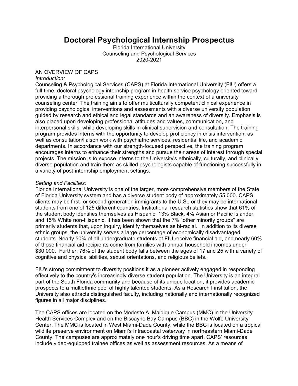 Doctoral Psychological Internship Prospectus Florida International University Counseling and Psychological Services 2020-2021