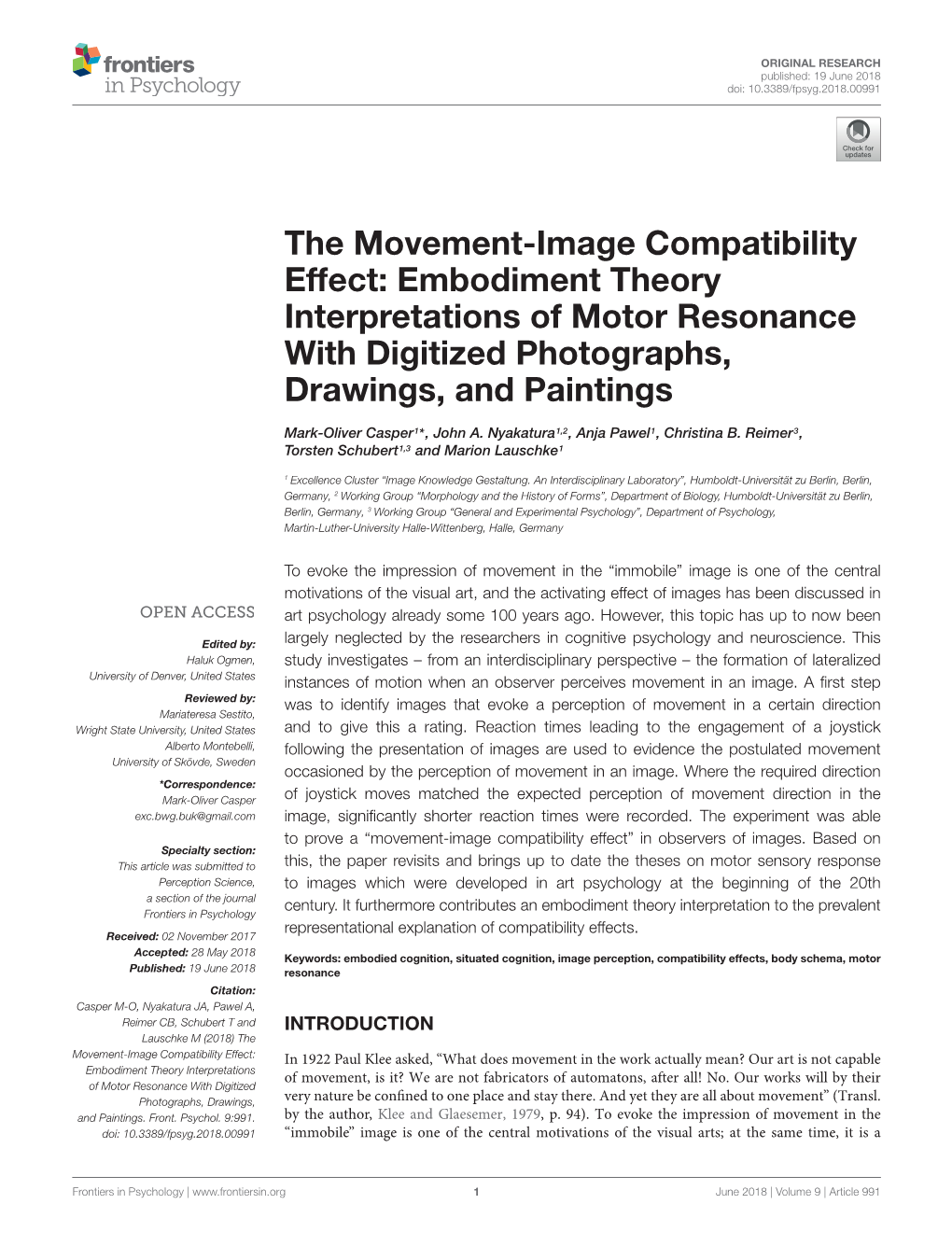 The Movement-Image Compatibility Effect: Embodiment Theory Interpretations of Motor Resonance with Digitized Photographs, Drawings, and Paintings