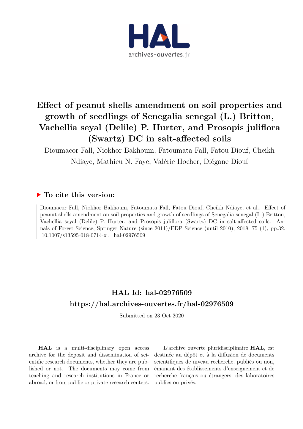 Effect of Peanut Shells Amendment on Soil Properties and Growth of Seedlings of Senegalia Senegal (L.) Britton, Vachellia Seyal (Delile) P