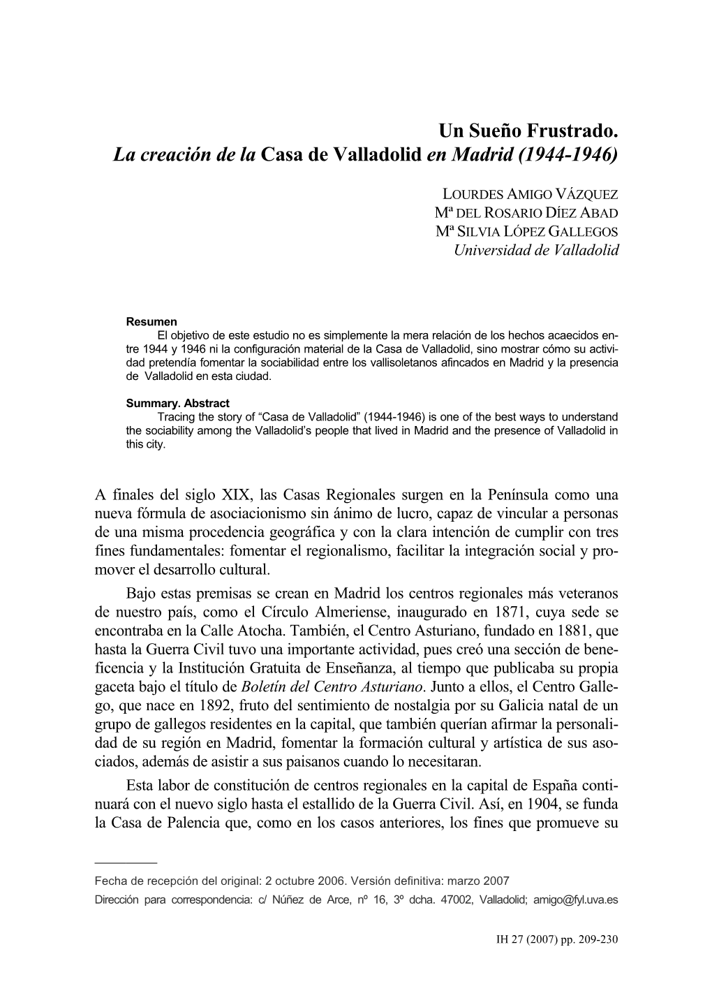 Un Sueño Frustrado. La Creación De La Casa De Valladolid En Madrid (1944-1946)