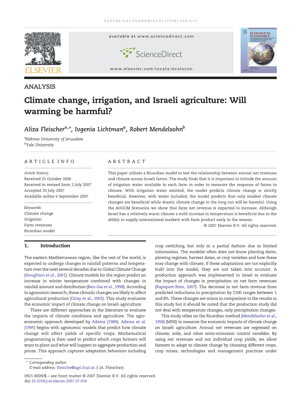 Climate Change, Irrigation, and Israeli Agriculture: Will Warming Be Harmful?