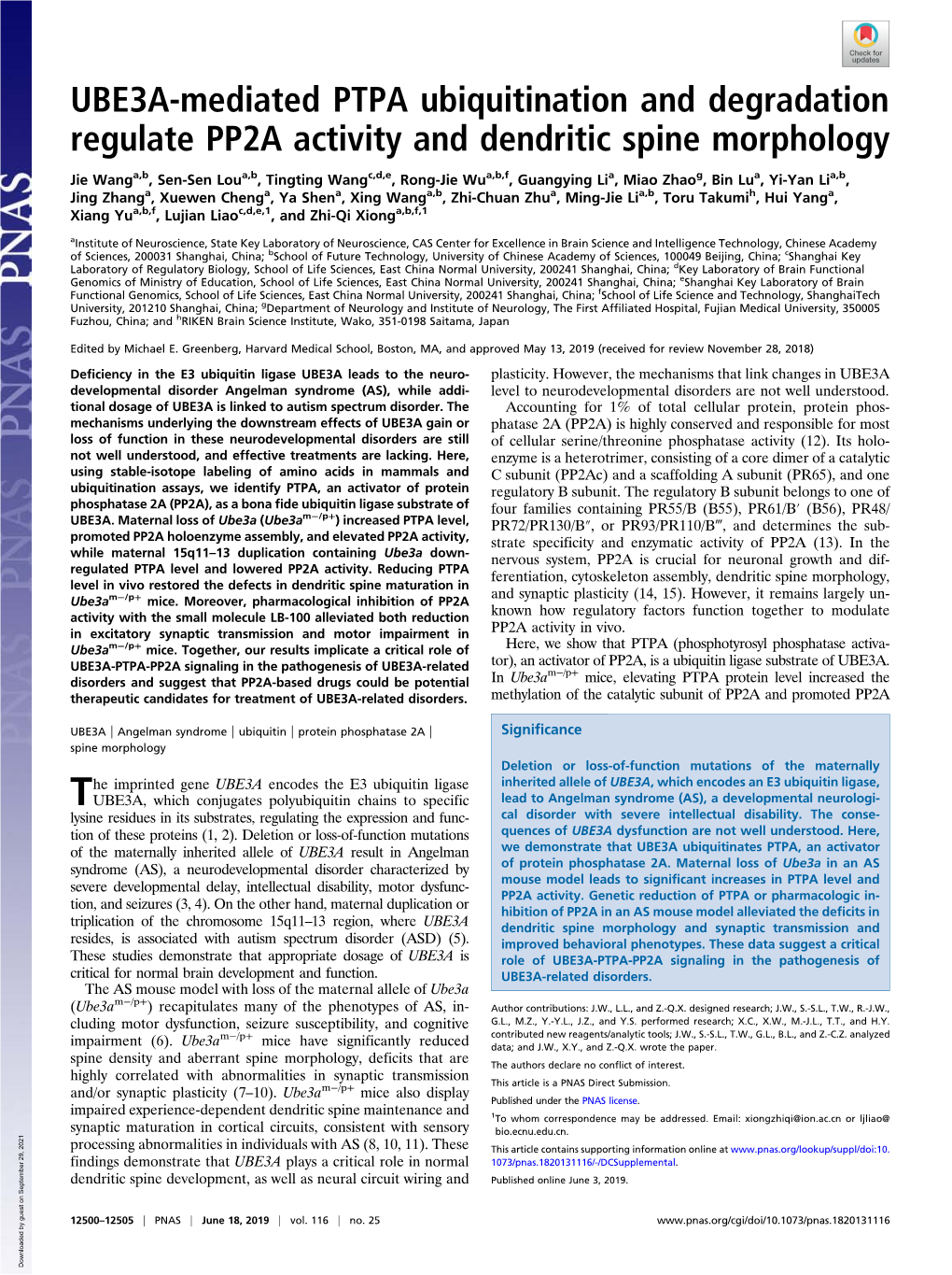 UBE3A-Mediated PTPA Ubiquitination and Degradation Regulate PP2A Activity and Dendritic Spine Morphology