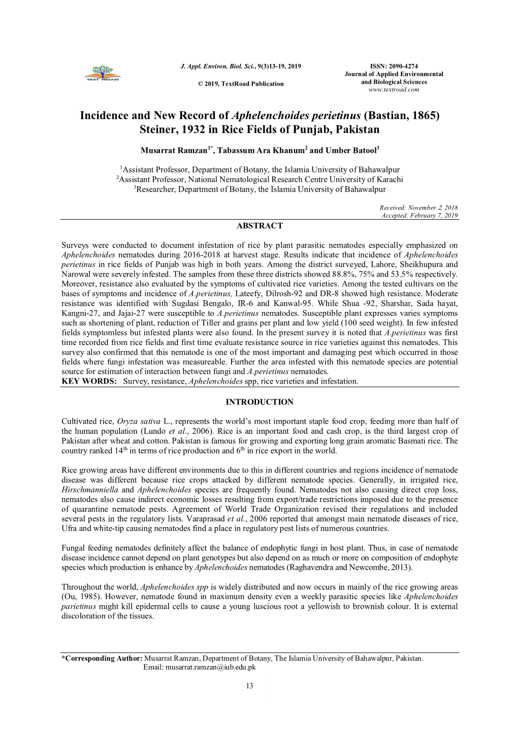 Incidence and New Record of Aphelenchoides Perietinus (Bastian, 1865) Steiner, 1932 in Rice Fields of Punjab, Pakistan