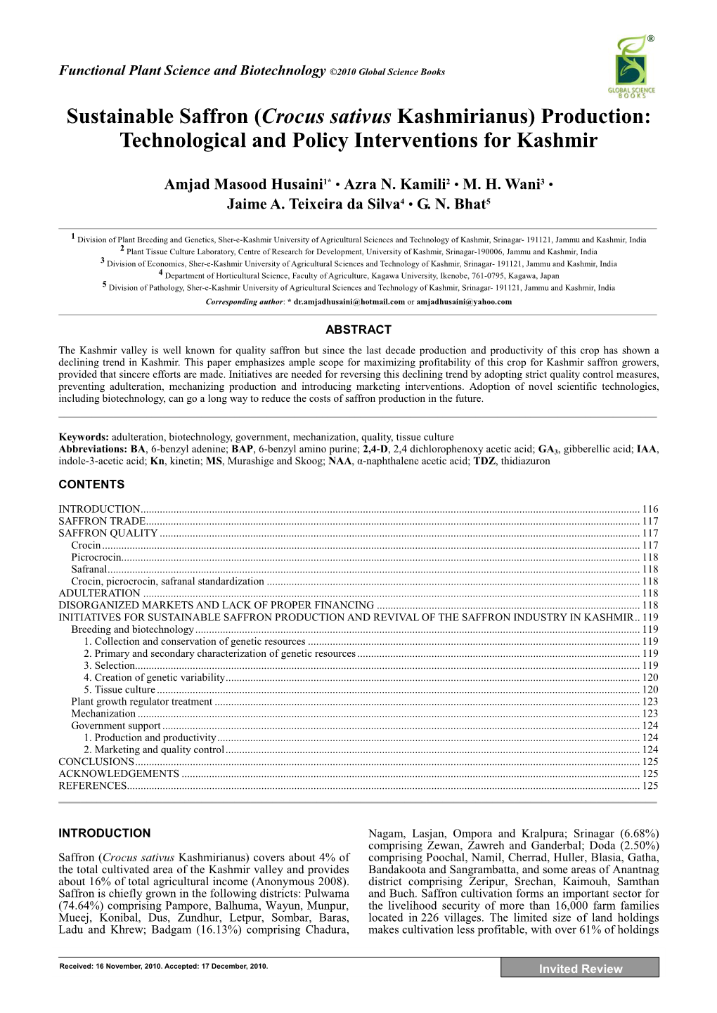 Sustainable Saffron (Crocus Sativus Kashmirianus) Production: Technological and Policy Interventions for Kashmir