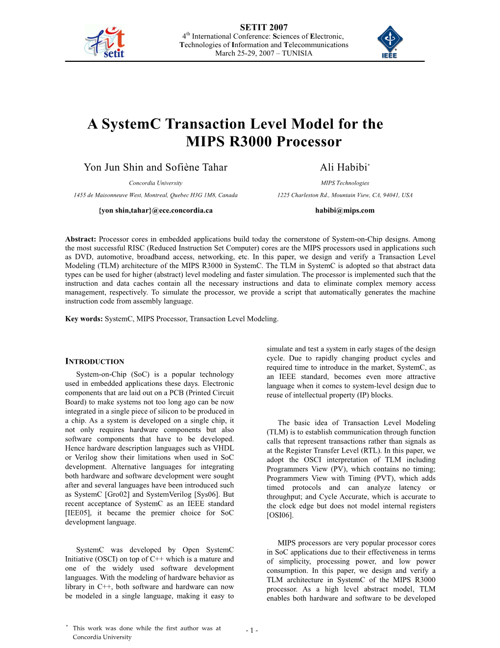 A Systemc Transaction Level Model for the MIPS R3000 Processor