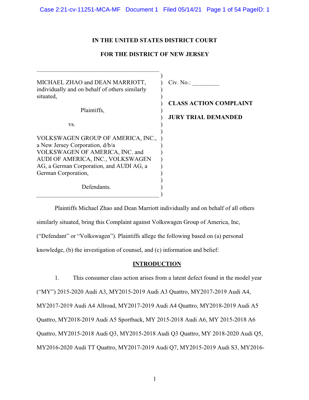 Zhao Et Al. V. Volkswagen Group of America, Inc. Et