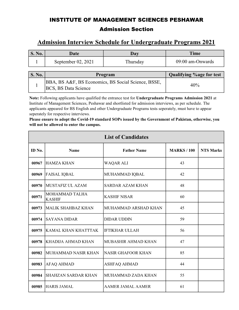 Admission Interview Schedule for Undergraduate Programs 2021
