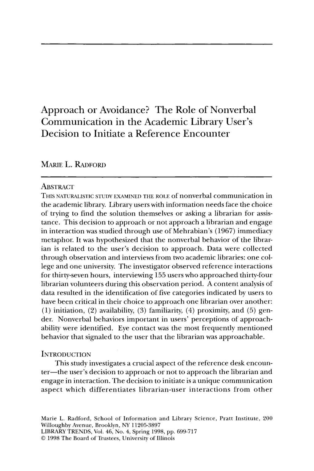 The Role of Nonverbal Communication in the Academic Library User’S Decision to Initiate a Reference Encounter