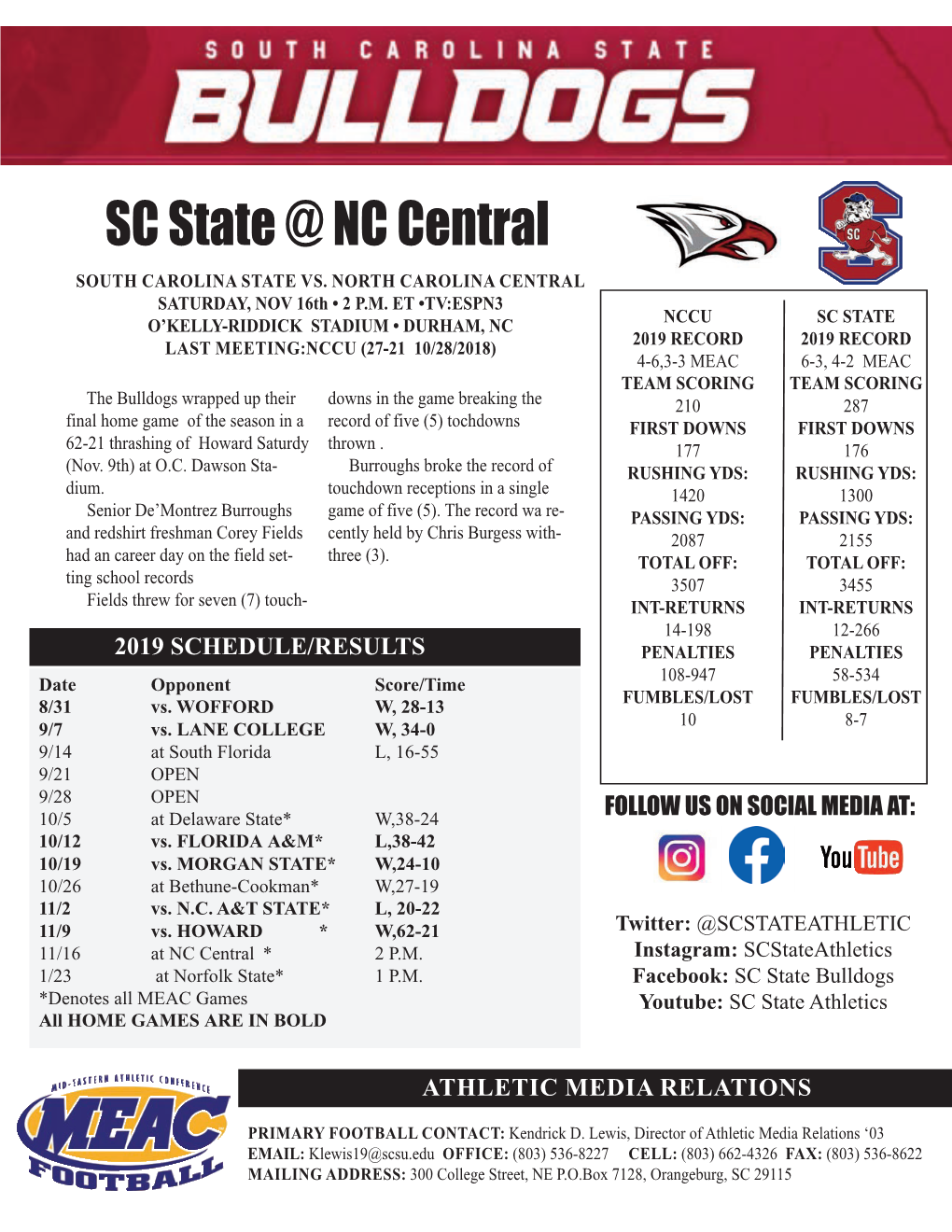 SC State @ NC Central SOUTH CAROLINA STATE Vs