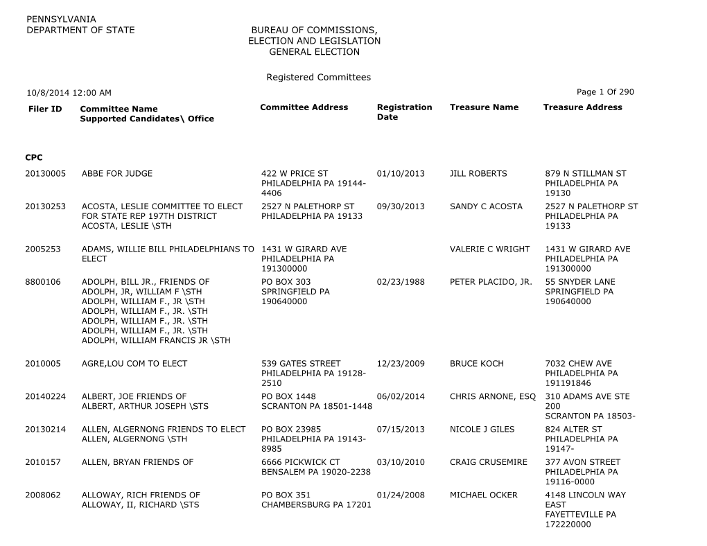 Pennsylvania Department of State Bureau of Commissions, Election and Legislation General Election