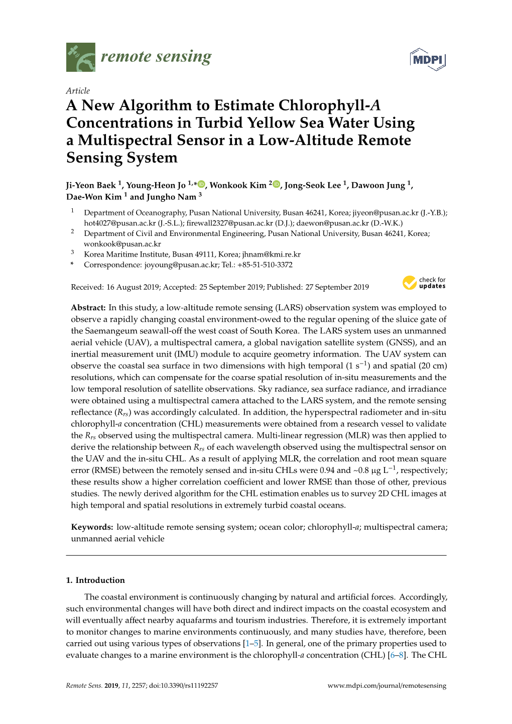 A New Algorithm to Estimate Chlorophyll-A Concentrations in Turbid Yellow Sea Water Using a Multispectral Sensor in a Low-Altitude Remote Sensing System