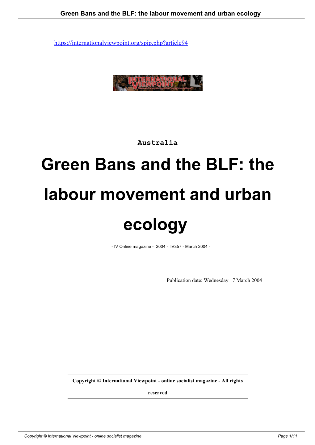 Green Bans and the BLF: the Labour Movement and Urban Ecology
