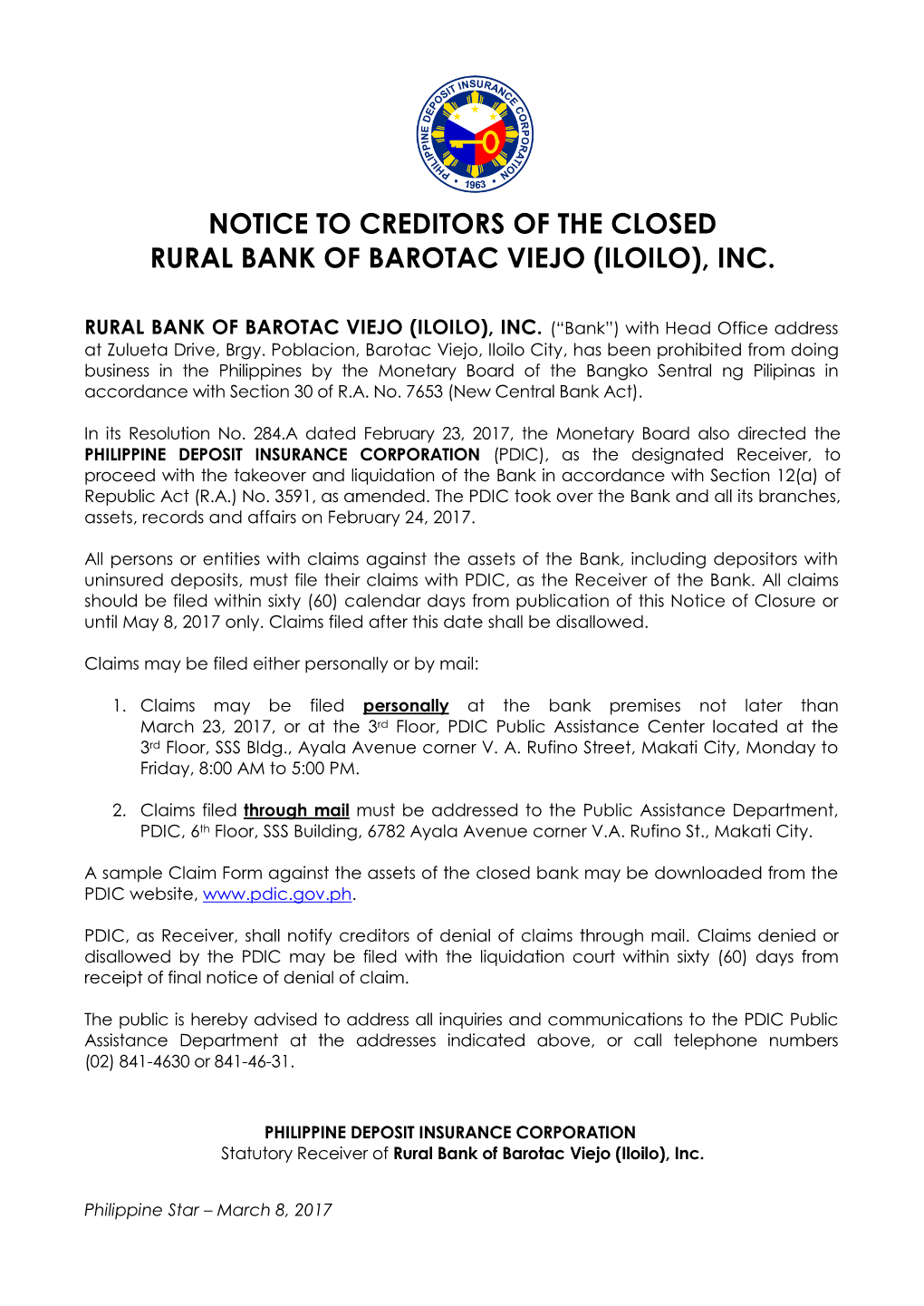 Notice to Creditors of the Closed Rural Bank of Barotac Viejo (Iloilo), Inc