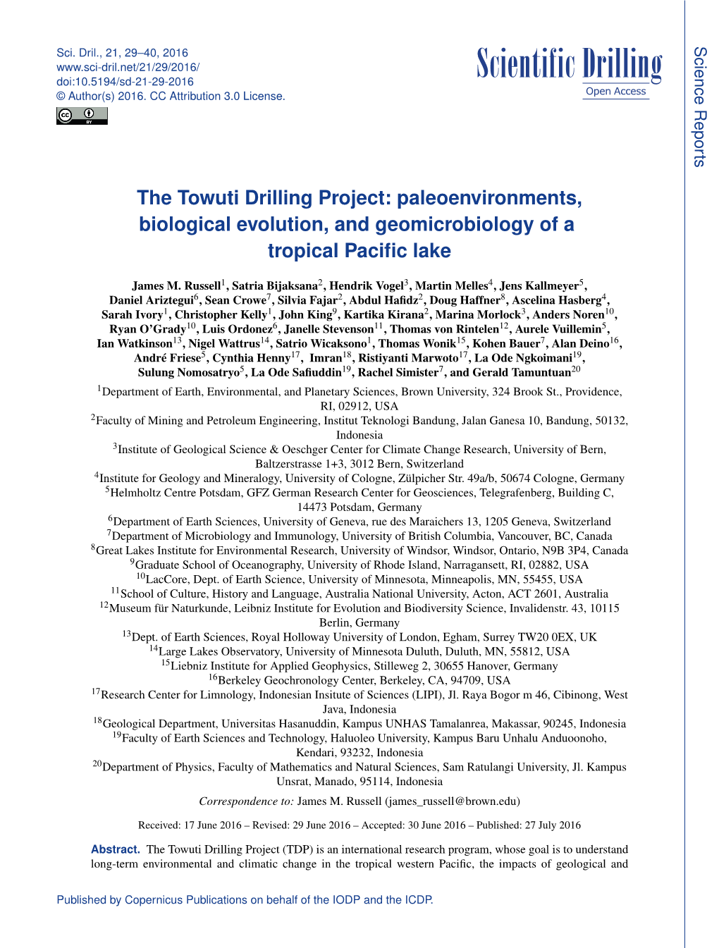 The Towuti Drilling Project: Paleoenvironments, Biological Evolution, and Geomicrobiology of a Tropical Paciﬁc Lake