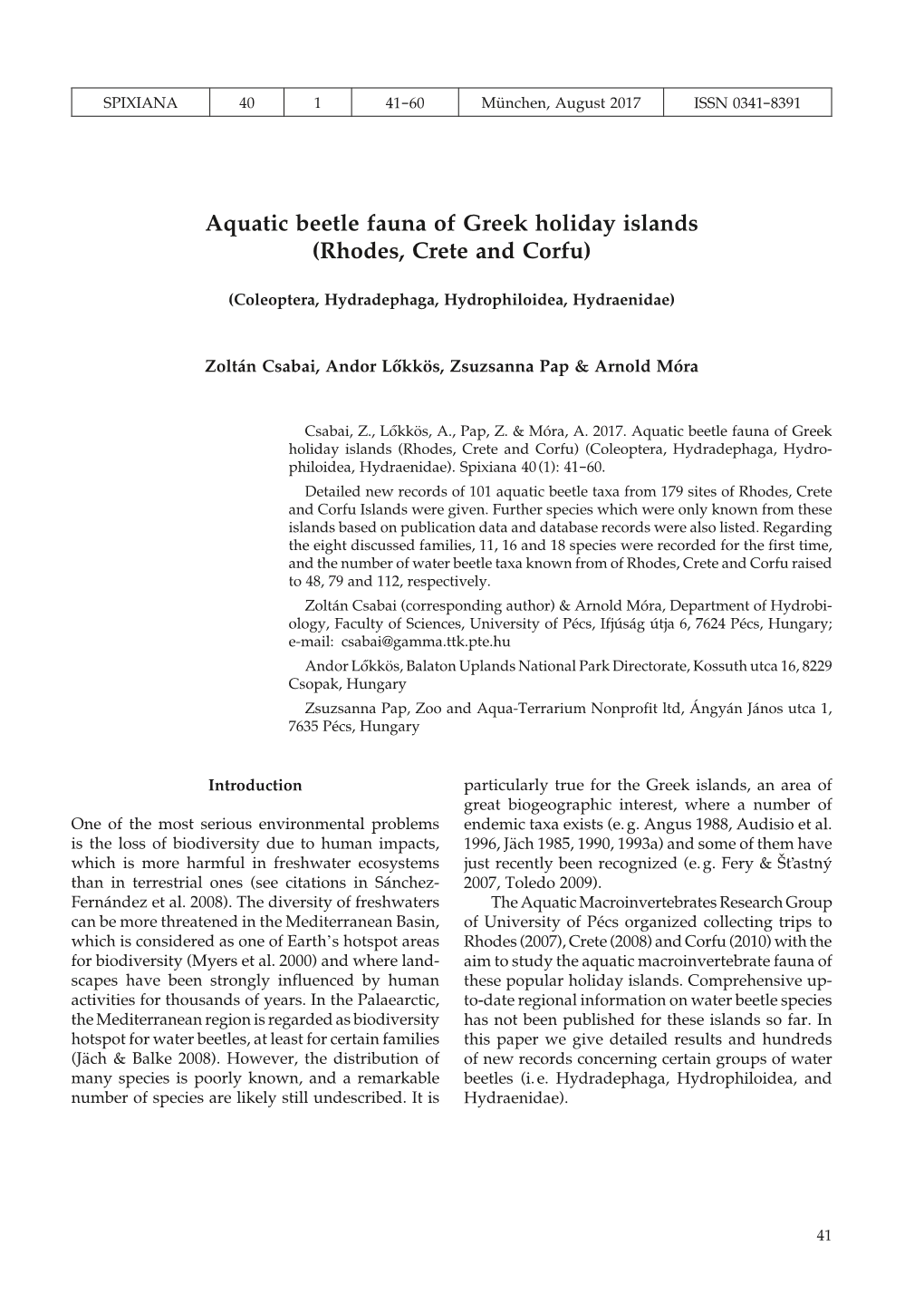 Aquatic Beetle Fauna of Greek Holiday Islands (Rhodes, Crete and Corfu)