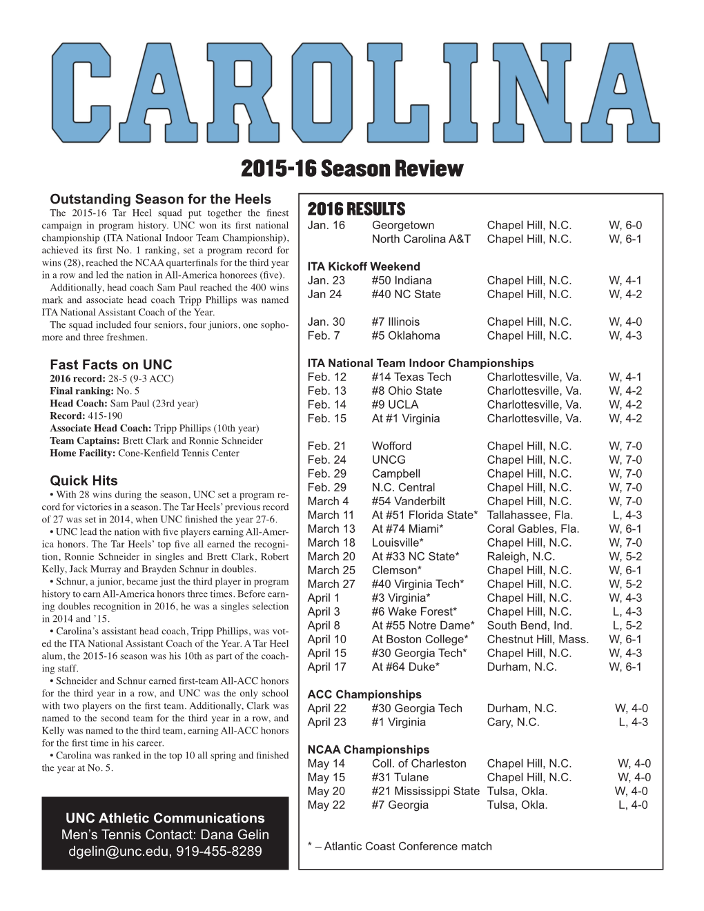 2015-16 Season Review Outstanding Season for the Heels the 2015-16 Tar Heel Squad Put Together the Finest 2016 RESULTS Campaign in Program History