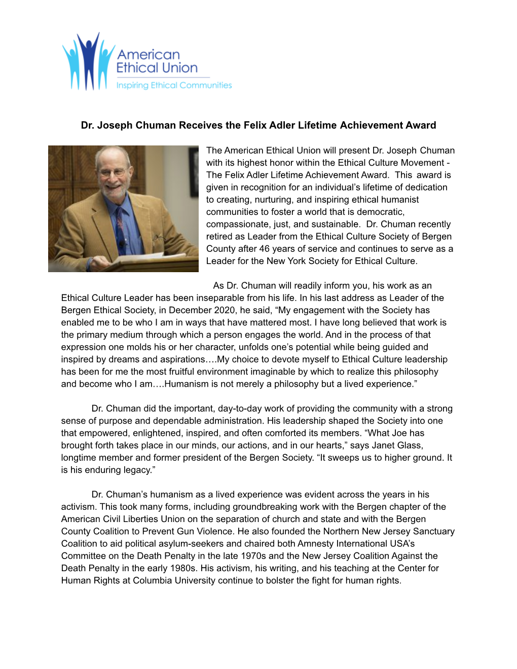 Joe Chuman Receives Felix Adler Lifetime Achievement Award