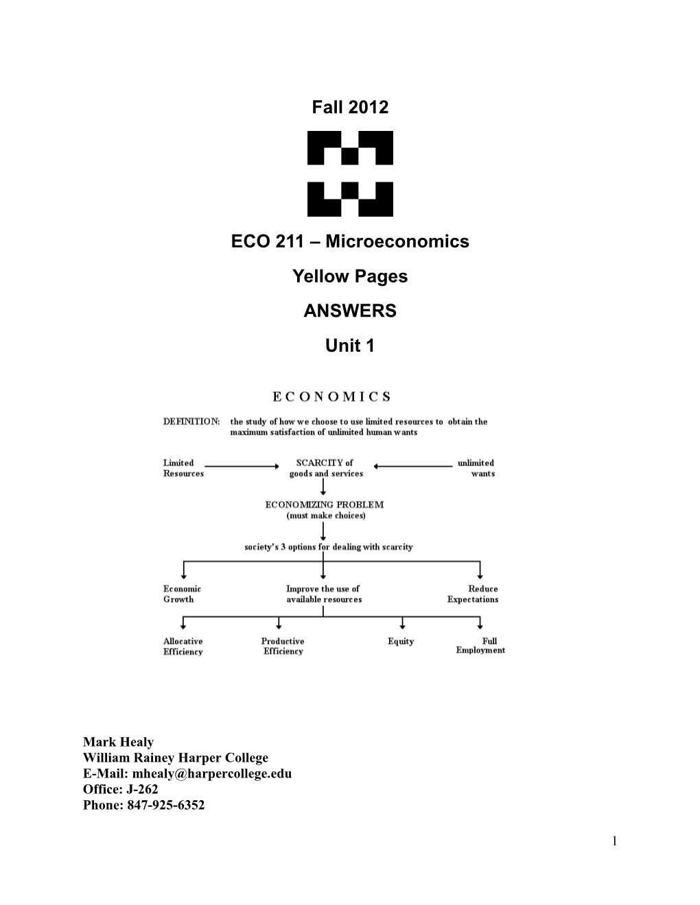 Fall 2012 ECO 211 – Microeconomics Yellow Pages ANSWERS Unit 1