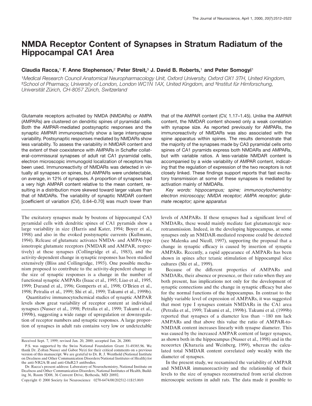 NMDA Receptor Content of Synapses in Stratum Radiatum of the Hippocampal CA1 Area