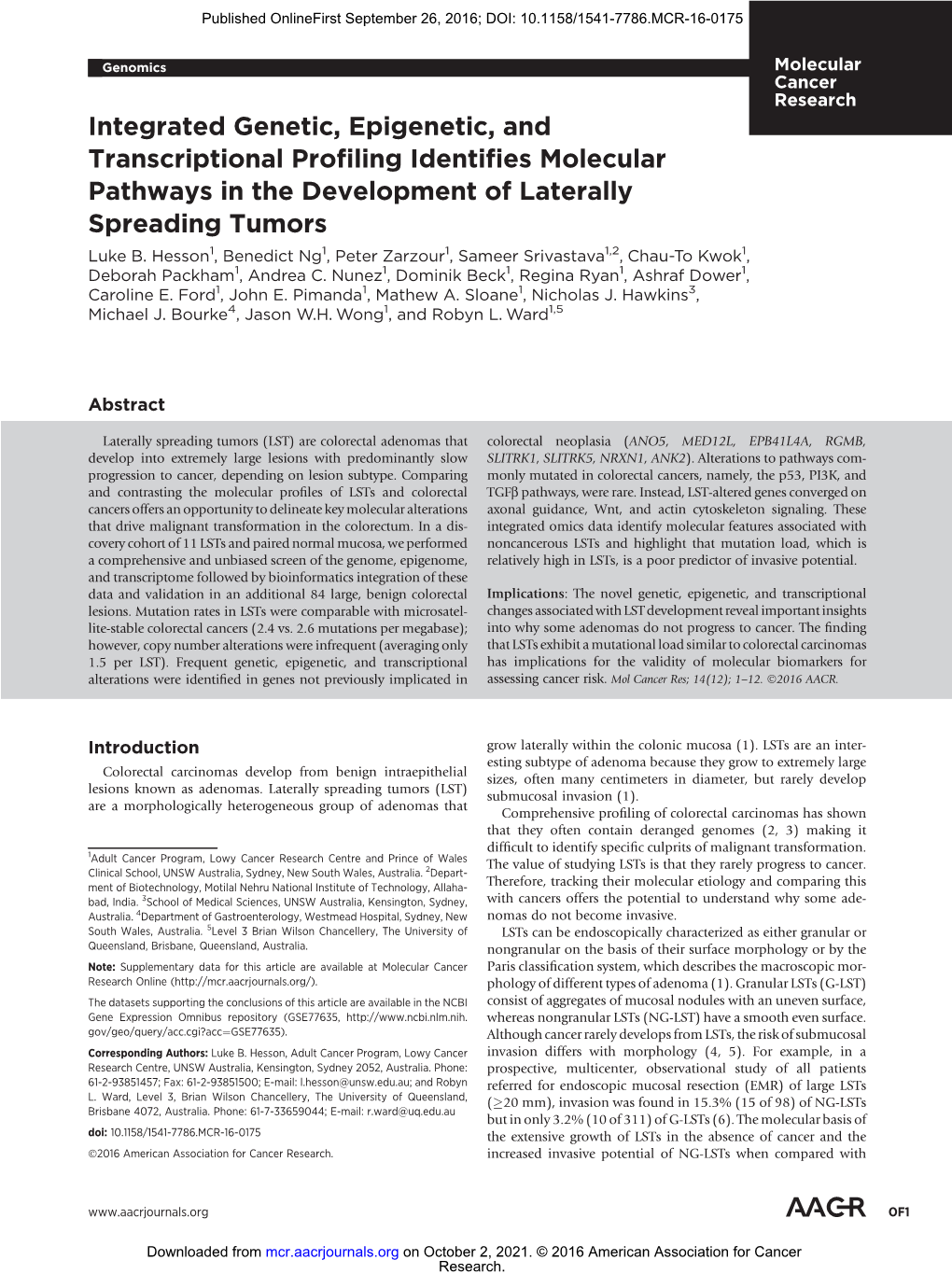 Integrated Genetic, Epigenetic, and Transcriptional Profiling Identifies Molecular Pathways in the Development of Laterally Spreading Tumors