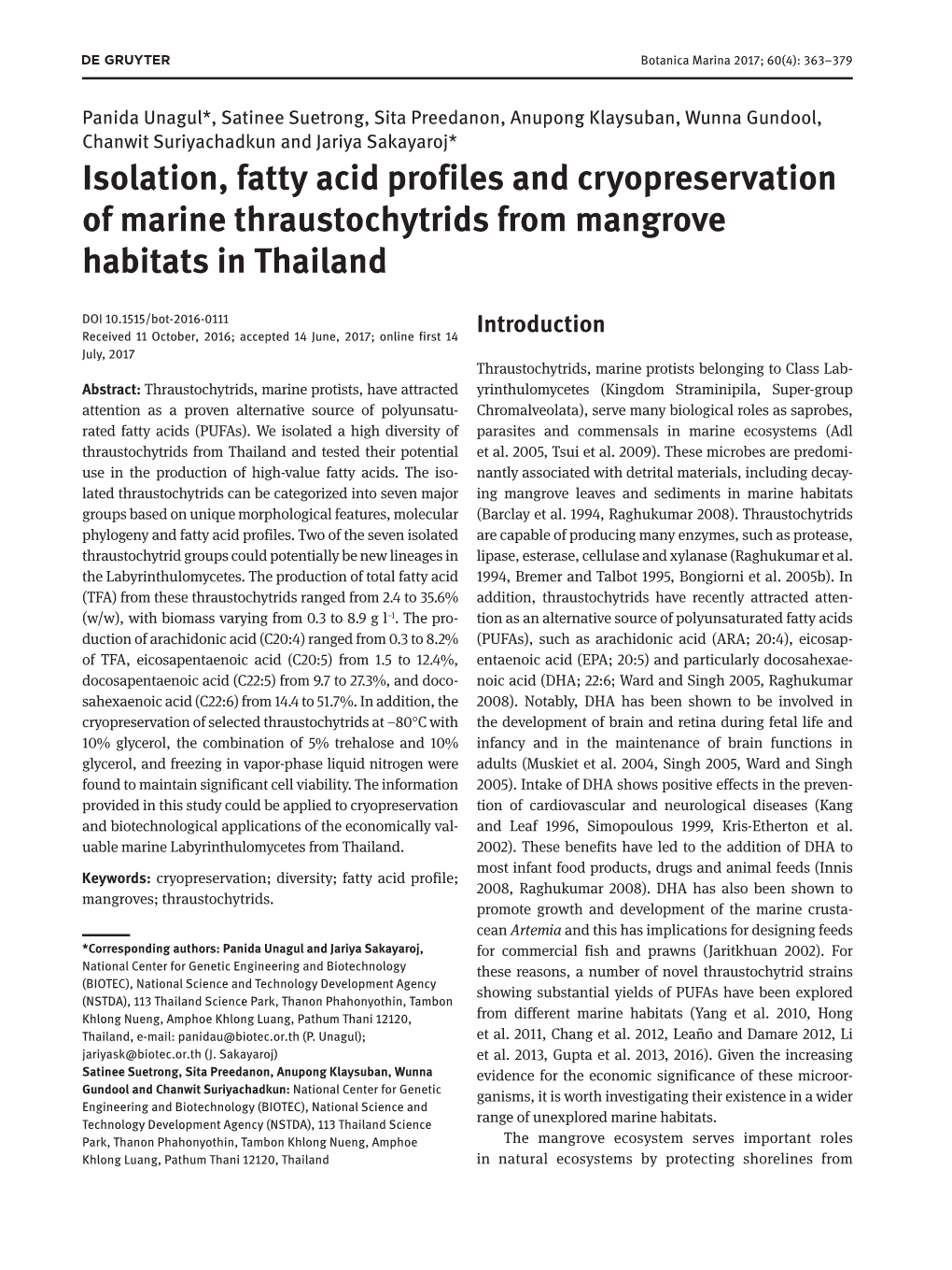 Isolation, Fatty Acid Profiles and Cryopreservation of Marine Thraustochytrids from Mangrove Habitats in Thailand