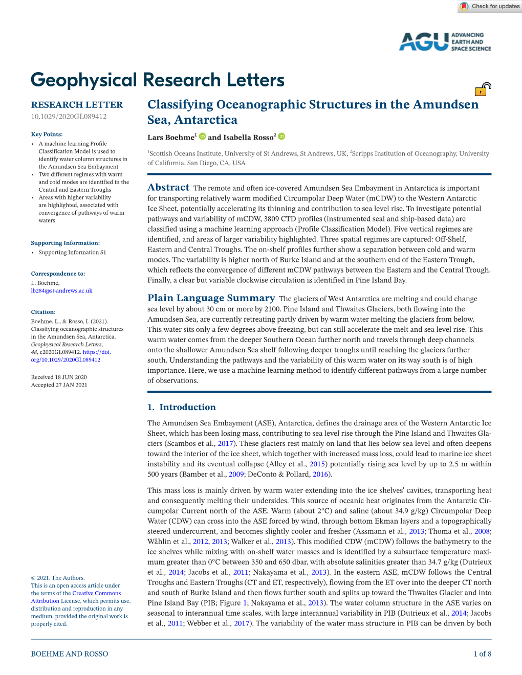 Classifying Oceanographic Structures in the Amundsen Sea, Antarctica